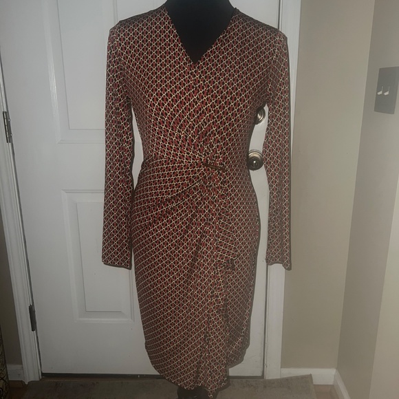 Michael Kors Red Gold Black Chain Print Long Sleeve Dress - Picture 3 of 15